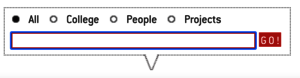 Input field with the selection options "All", " College", "People" and "Projects", below is a red field that says "Go!"